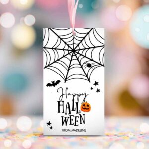 2 editable happy halloween gift tag trick or treat favor tags spiderweb treat bag spooky personalized download printable corjl 0261 0009 1