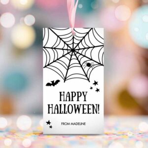 2 editable happy halloween gift tags trick or treat favor tags spiderweb treat bag spooky personalized download printable corjl 0261 0009 1