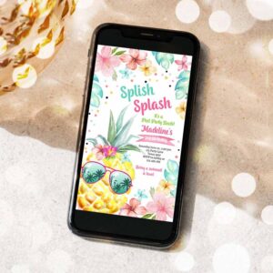 2 editable hawaiian luau birthday evite pineapple birthday party pool party pink girl electronic phone 1