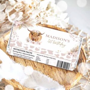 2 editable highland cow birthday party candy bar label holy cow farm birthday boho pampas grass party favors instant download editable k4 1