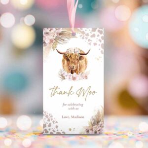 2 editable highland cow birthday party favor tags holy cow im one birthday decor boho pampas grass cow favors instant download editable k4 1