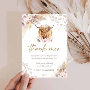 2 editable highland cow birthday party thank you card holy cow boho pampas grass party thank you flat note cards instant download editable k4 1