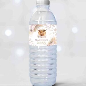 2 editable highland cow birthday party water bottle labels holy cow birthday decor boho pampas grass cow birthday instant download editable k4 1