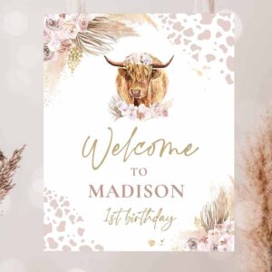 2 editable highland cow birthday party welcome sign holy cow birthday decor boho pampas grass farm co birthday instant download editable k4 1