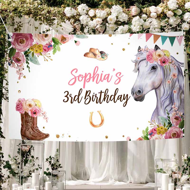 2 editable horse birthday backdrop saddle up watercolor cowgirl party girl pony birthday decor horse party sign corjl template printable 0408 1