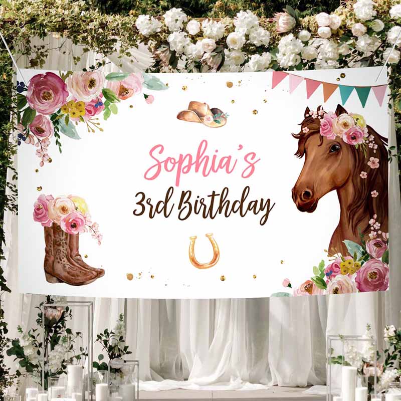 2 editable horse party birthday backdrop saddle up watercolor cowgirl party girl pony birthday decor horse party sign corjl template printable 0408 1