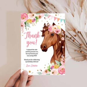 2 editable horse thank you card note girl birthday party cowgirl watercolor pink floral saddle up download printable corjl template 0408 1