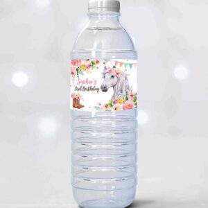 2 editable horse water bottle label horse birthday decor cowgirl pony party saddle up floral pink printable bottle label template corjl 0408 1