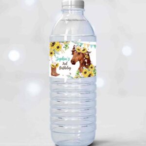 2 editable horse water bottle labels horse birthday decor cowgirl pony party saddle up sunflowers printable bottle label template corjl 0408 1