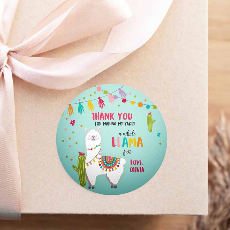 2 editable llama thank you favor tags baby shower llama stickers fiesta cactus alpaca mexican llama birthday girl blue corjl template 0079 1