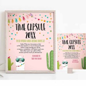 2 editable llama time capsule birthday fiesta llama sunglasses guestbook wishes for baby shower pink girl corjl template printable 0079 1