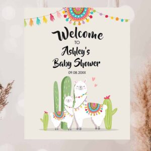 2 editable llama welcome party sign llama baby shower welcome baby sprinkle cactus theme fiesta mexican succulent neutral corjl template 0079 1