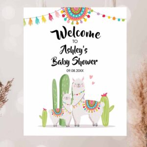 2 editable llama welcome sign llama baby shower welcome baby sprinkle cactus theme fiesta mexican succulent neutral corjl template 0079 1