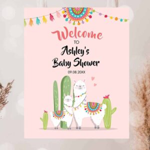 2 editable llama welcome sign llama baby shower welcome party baby sprinkle cactus theme fiesta mexican succulent pink girl corjl template 0079 1