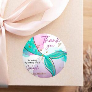 2 editable mermaid birthday favor tag under the sea thank you stickers mermaid party girl pink gold download template corjl printable 0403 1