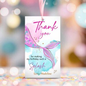 2 editable mermaid birthday favor tag under the sea thank you tags mermaid party girl pink purple gold download template corjl printable 0403 1