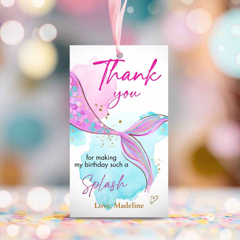 2 editable mermaid birthday favor tag under the sea thank you tags mermaid party girl pink purple gold download template corjl printable 0403 1