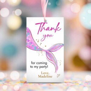 2 editable mermaid birthday favor tags under the sea thank you tags mermaid party girl pink purple gold download template corjl printable 0403 1