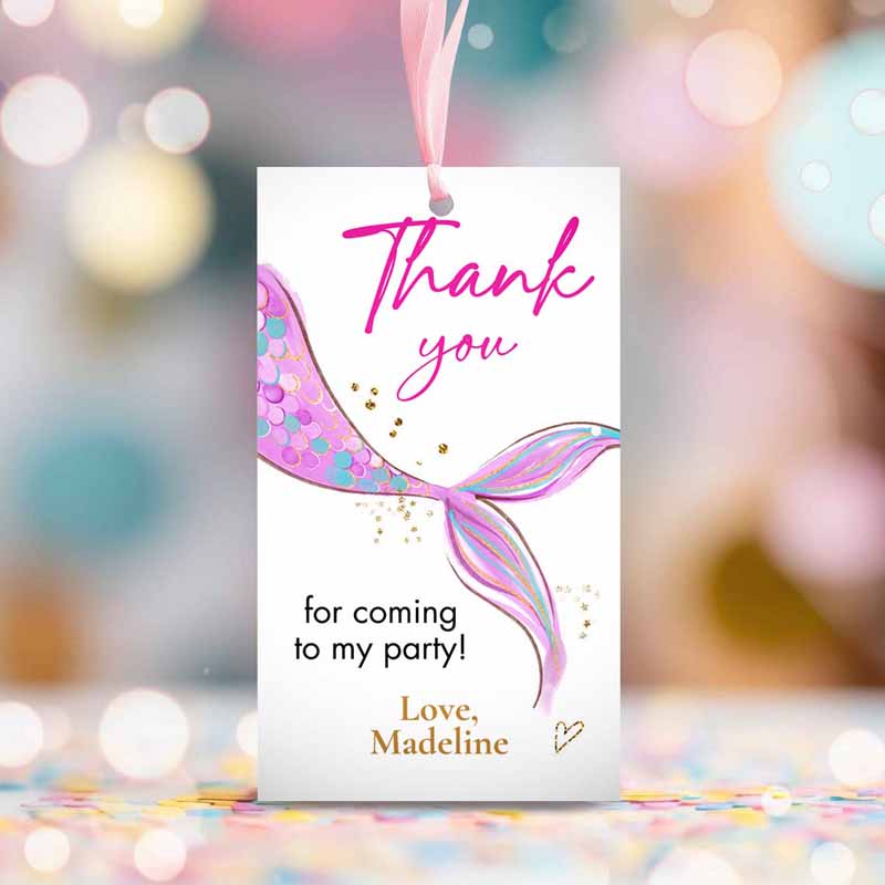 2 editable mermaid birthday favor tags under the sea thank you tags mermaid party girl pink purple gold download template corjl printable 0403 1