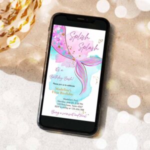 2 editable mermaid birthday party evite electronic girl pink purple gold mermaid birthday under the sea download phone template 1