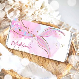 2 editable mermaid chocolate bar wrapper candy bar label mermaid tail girl pink under the sea favor download corjl template printable 0403 1