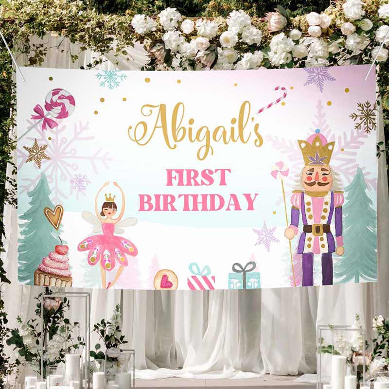 2 Editable Nutcracker Backdrop Banner Pink Gold Nutcracker Birthday Decor Girl Winter Land of Sweets Download Corjl Template Printable 0352