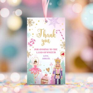 2 editable nutcracker birthday favor tag nutcracker birthday land of sweets thank you tag sugar plum fairy christmas winter pink gold girl corjl 0352 1
