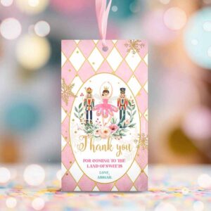 2 editable nutcracker birthday favor tags nutcracker birthday land of sweets thank you tag sugar plum fairy christmas winter pink gold girl corjl 0352 1