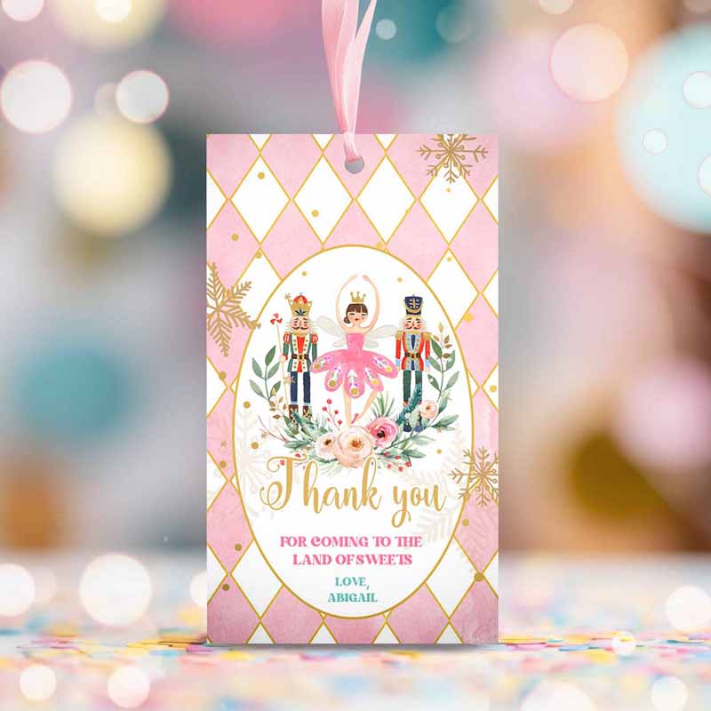 2 editable nutcracker birthday favor tags nutcracker birthday land of sweets thank you tag sugar plum fairy christmas winter pink gold girl corjl 0352 1