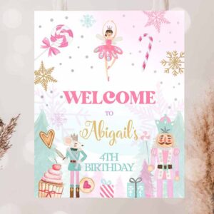 2 editable nutcracker birthday welcome sign winter birthday girl land of sweets christmas holiday pink gold template printable corjl 0352 1