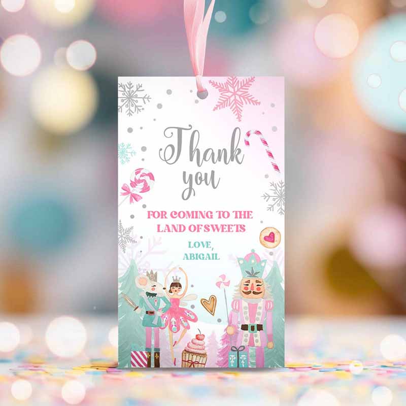 2 editable nutcracker favor tag nutcracker birthday favor tag land of sweets thank you tag sugar plum fairy christmas winter pink silver girl corjl 0352 1
