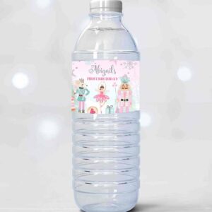 2 editable nutcracker water bottle label nutcracker birthday party girl winter land of sweets silver download printable template corjl 0352 1