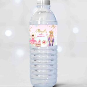 2 editable nutcracker water bottle labels nutcracker birthday party girl winter land of sweets silver download printable template corjl 0352 1