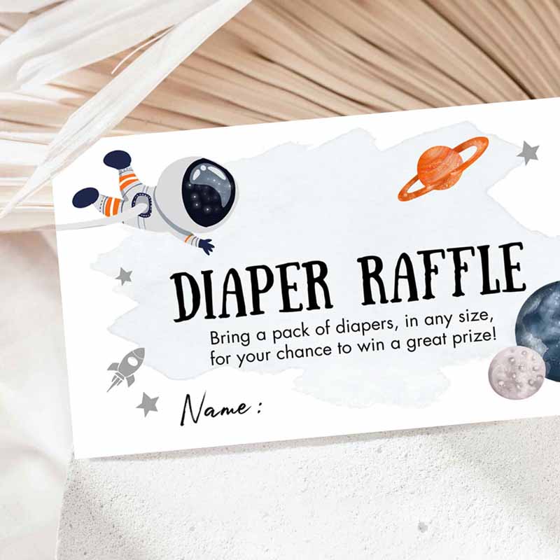 2 Editable Outer Space Astronaut Diaper Raffle Ticket Baby Shower Orange Planets Galaxy Registry Card Game Corjl Template PRINTABLE 0366