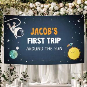 2 editable outer space backdrop banner astronaut birthday boy first trip around the sun galaxy planets download corjl template printable 0046 1