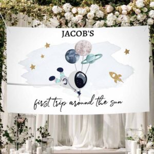 2 editable outer space backdrop banner space birthday boy gold blue first trip around the sun galaxy planets download template printable 0366 1
