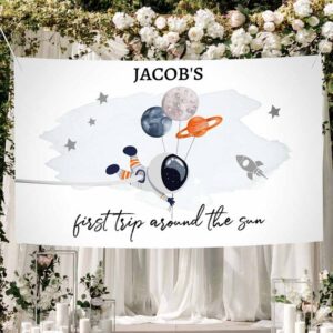 2 editable outer space backdrop orange banner space birthday boy first trip around the sun galaxy planets download corjl template printable 0366 1