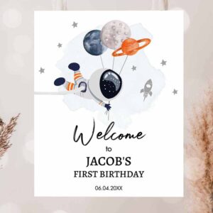 2 editable outer space birthday welcome sign 1st birthday boy galaxy planets trip around the sun astronaut template printable corjl 0366 1