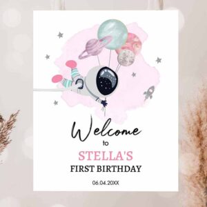 2 editable outer space birthday welcome sign 1st birthday girl pink galaxy planets trip around the sun astronaut template printable corjl 0366 1