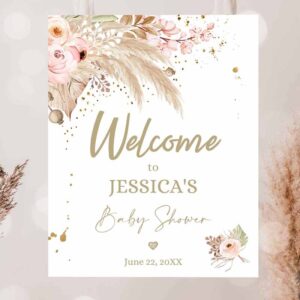2 editable pampas grass baby shower welcome sign couples shower boho shower welcome muted tone tropical desert corjl template printable 0395 1
