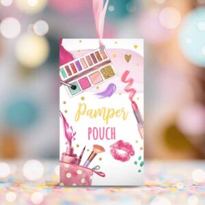 2 editable pamper party favor tags spa party thank you tag pamper pouch tag girl glam party labels pink gift tag digital corjl template 0420 1