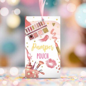 2 editable pamper party favor tags spa party thank you tags pamper pouch tag girl glam party labels pink gift tag digital corjl template 0420 1