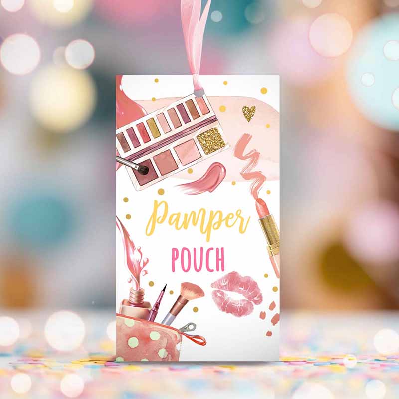 2 editable pamper party favor tags spa party thank you tags pamper pouch tag girl glam party labels pink gift tag digital corjl template 0420 1