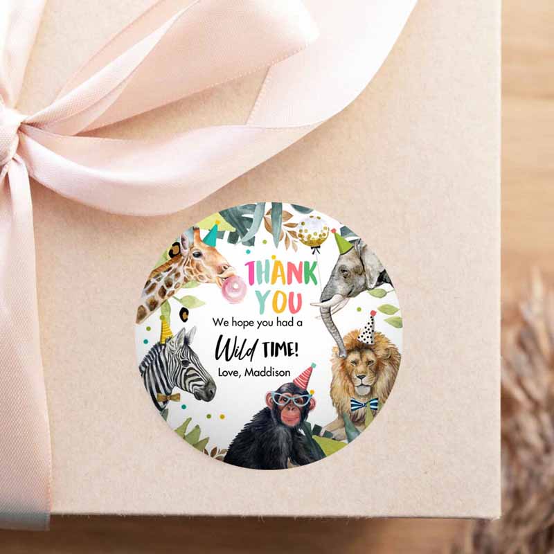2 Editable Party Animals Favor Tag Wild One Animals Thank You Tags Safari Zoo Girl Birthday Wild Time Sticker Tag Digital Corjl Template 0417