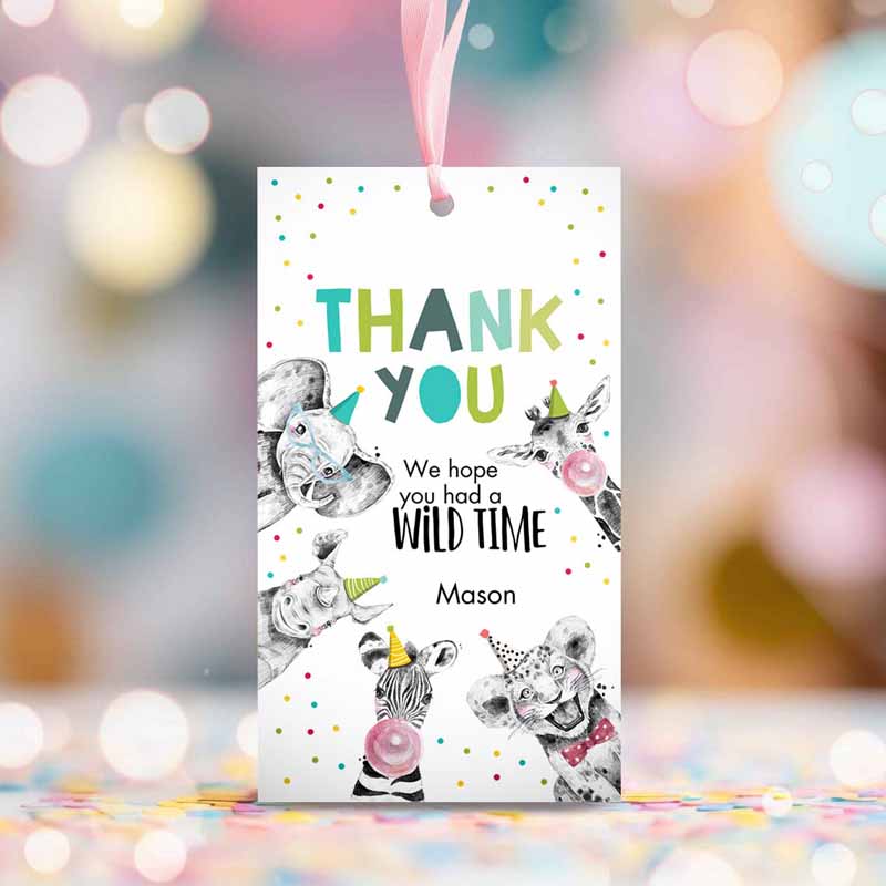 2 editable party animals favor tags boy wild one safari animals thank you tags zoo birthday wild time gift tag digital corjl template 0390 1