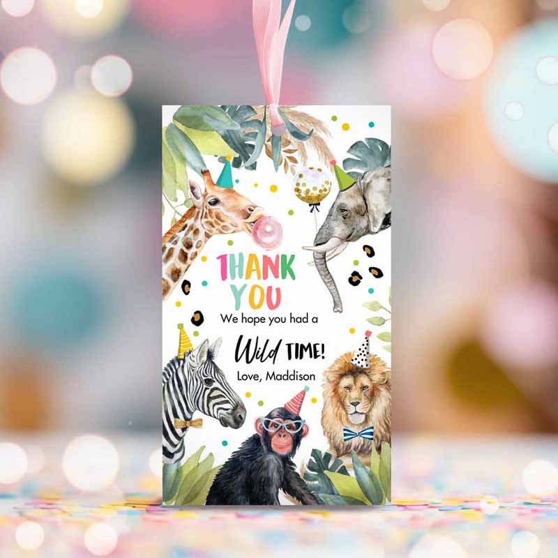 2 editable party animals favor tags wild one animal thank you tags safari zoo girl birthday wild time gift tag digital corjl template 0417 1