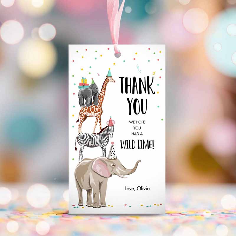 2 editable party animals favor tags wild one animals thank you tags safari zoo animals birthday wild time gift tag digital corjl template 0142 1
