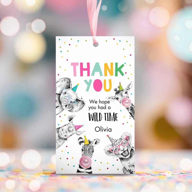 2 editable party animals favor tags wild one animals thank you tags safari zoo girl birthday wild time gift tag digital corjl template 0390 1