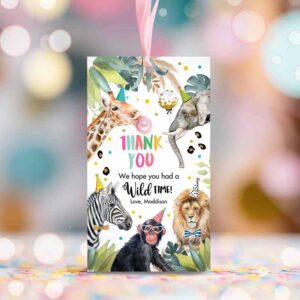 2 editable party animals favor tags wild one animals thank you tags safari zoo girl birthday wild time gift tag digital corjl template 0417 1