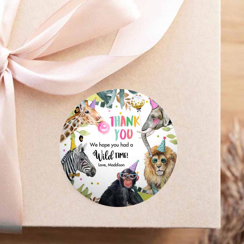 2 editable party animals favor tags wild one animals thank you tags safari zoo girl birthday wild time sticker tag digital corjl template 0417 1